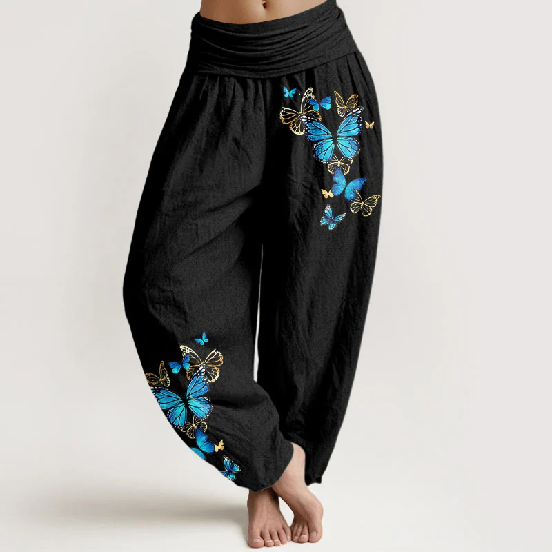Buddha Stones Cotton Butterfly Pattern Women's Elastic Waist Harem Pants